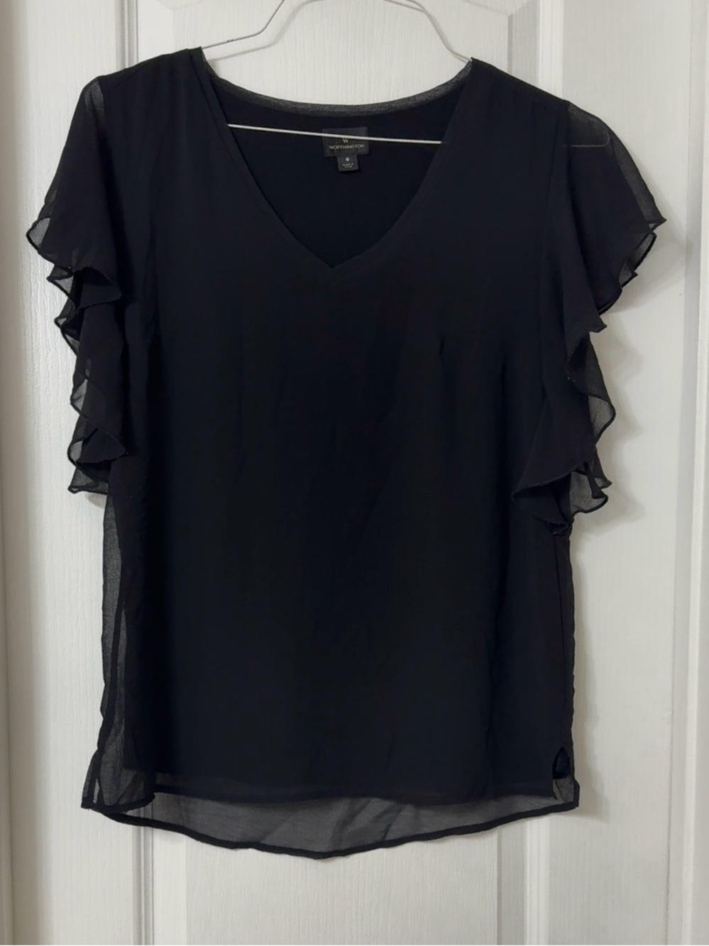 Worthington black ruffled short sleeve blouse Vneck layered chiffon Size S